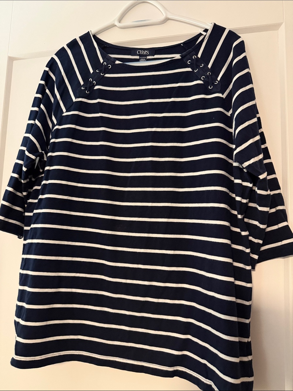 Chaps Navy & White Striped Lace-Up Shoulder Long Sleeve Top